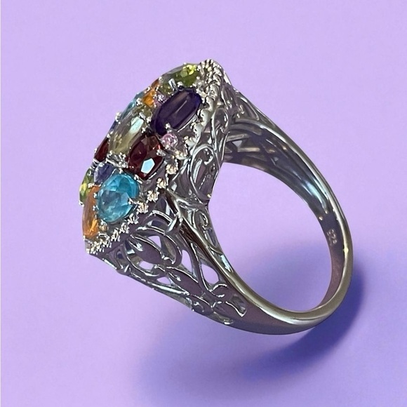 Sterling Silver Multi Gemstones Ring Cocktail Ring Size 10 - Picture 5 of 9